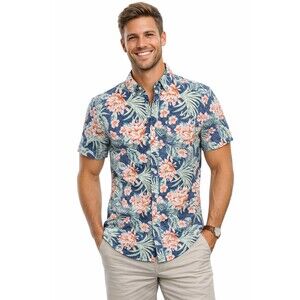 Chubbies Mens Tropical Floral Button Down Shirt Blue Palm Print Short Sleeve M